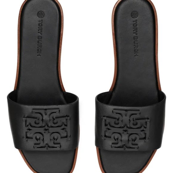 ❤️ NIB Tory Burch Ines Logo Slide Leather Sandal BLACK US 6.5 7.5 8.5 9 9.5 10 - Picture 2 of 14